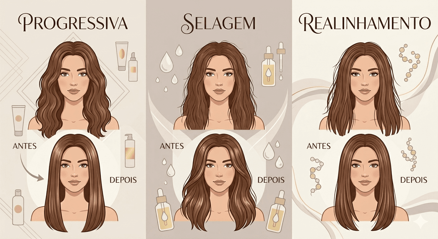 Ilustração de montagem com três opções — progressiva, selagem e realinhamento