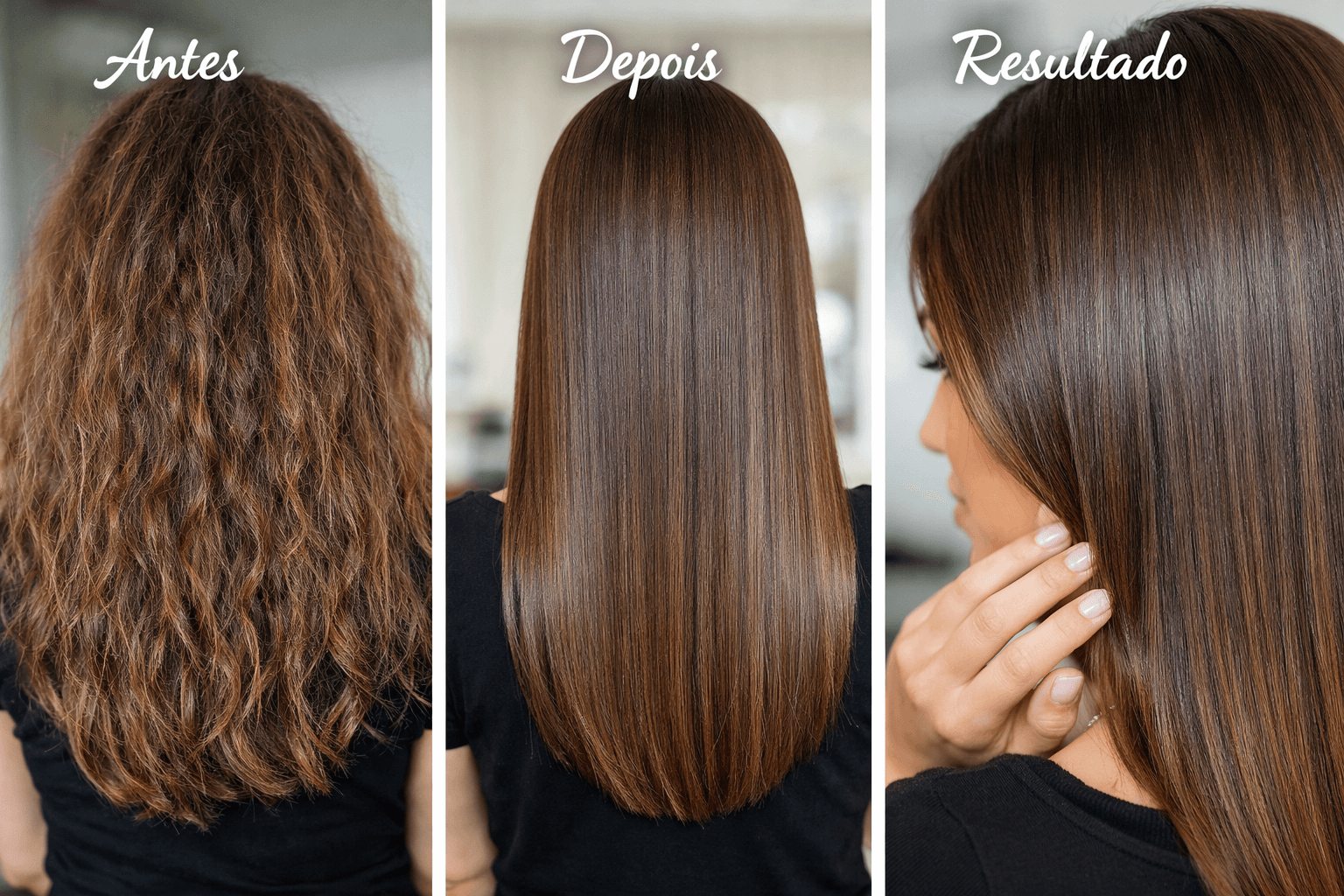 Foto de antes e depois de um cabelo com progressiva, mostrando alinhamento, brilho e redução de volume
